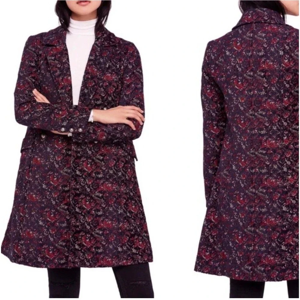 Free People Fox Trot Equestrian Tapestry‎ Coat Women XS Red Combo Floral Brocade